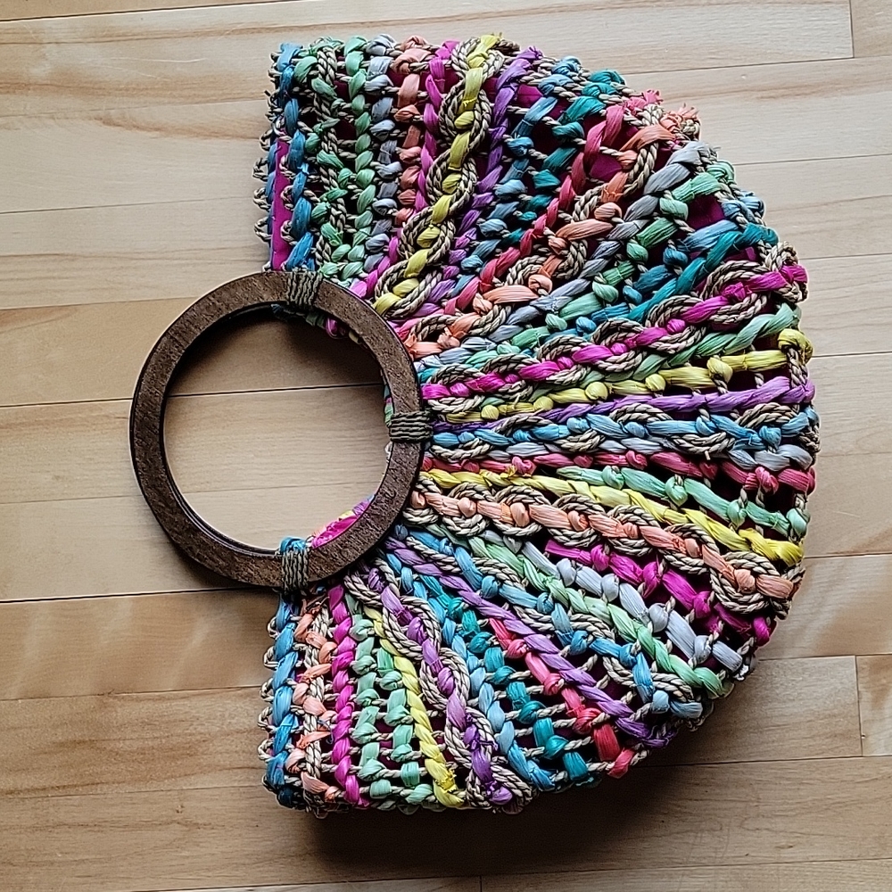 Cappelli Straworld Straw Wood Handle Multicolor Rainbow Bag Purse Tote